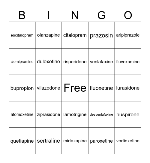Psychiatric Medication Bingo Card