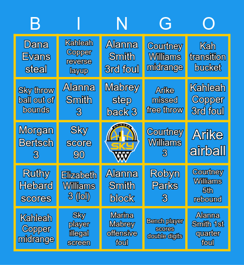 Chicago Sky Bingo with the Sky Townies Bingo Card