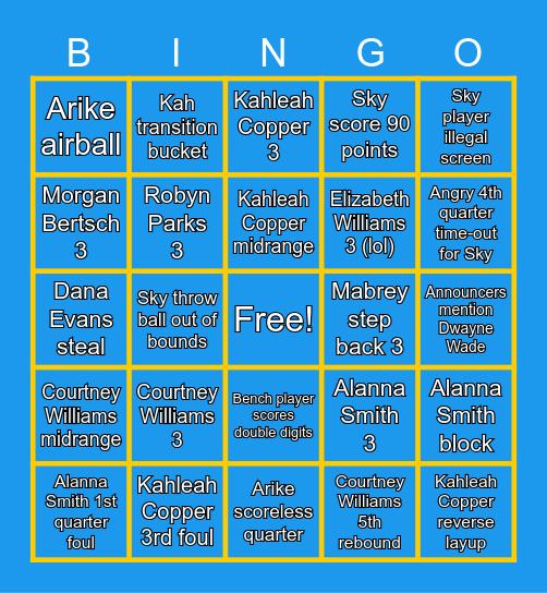 Chicago Sky Bingo with the Sky Townies Bingo Card