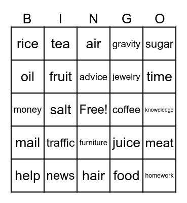 NON-Count Nouns Bingo Card