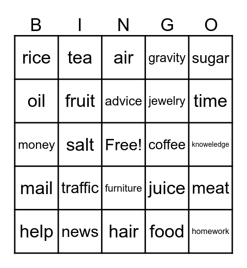 NON-Count Nouns Bingo Card