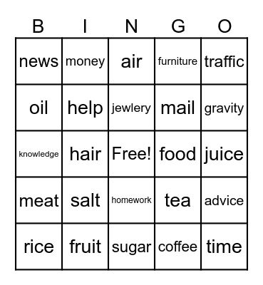 Noncount Nouns Bingo Card