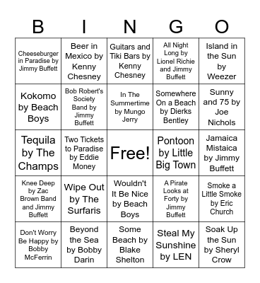 Margaritaville Music Bingo Card
