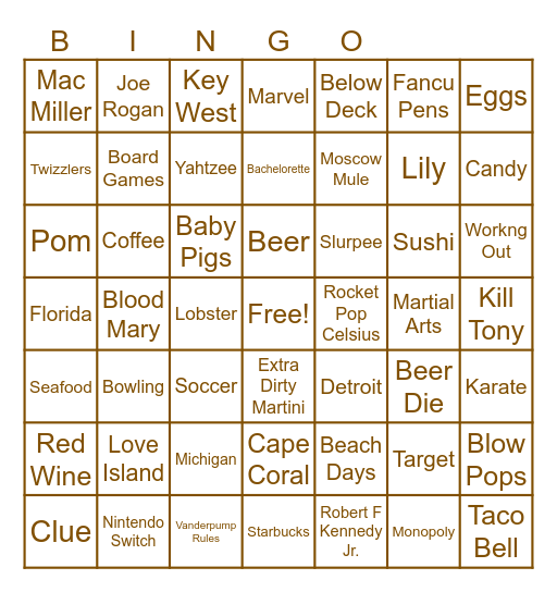 Lindsey & Dylan's Couples Shower Bingo Card