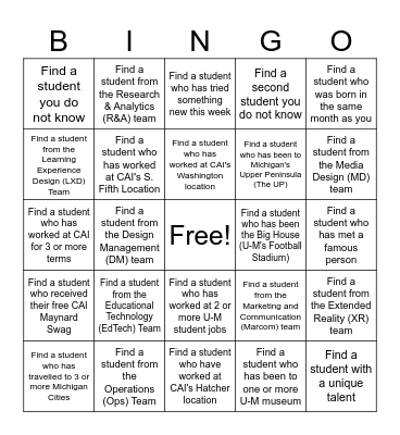 CAI's Student Bingo Card