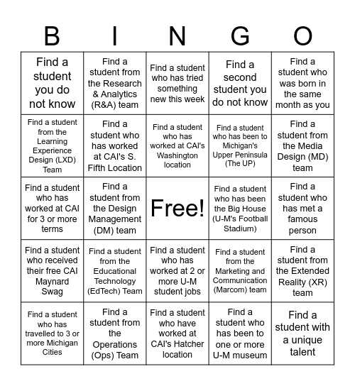 CAI's Student Bingo Card