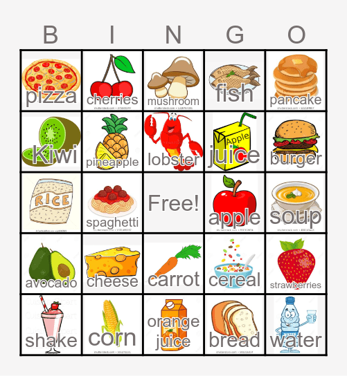 Food Picture Bingo Card