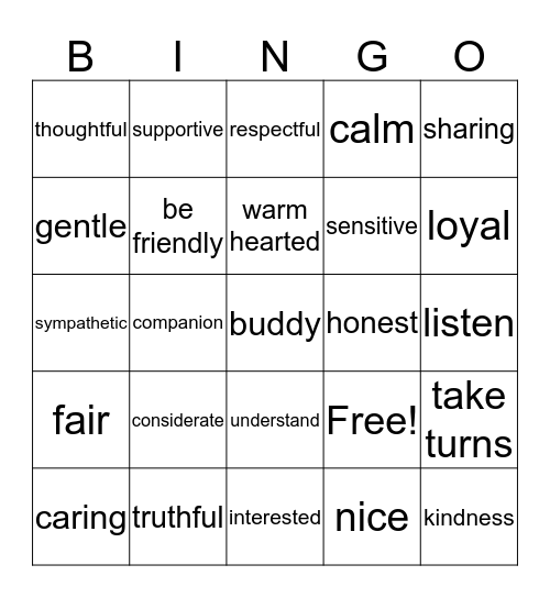 Friendship Bingo Card