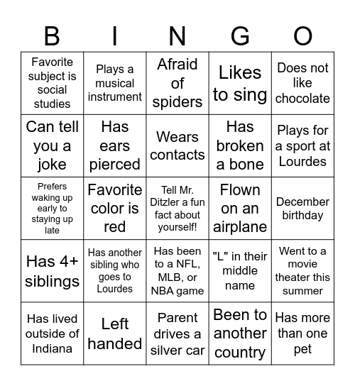 Classmate Bingo Card