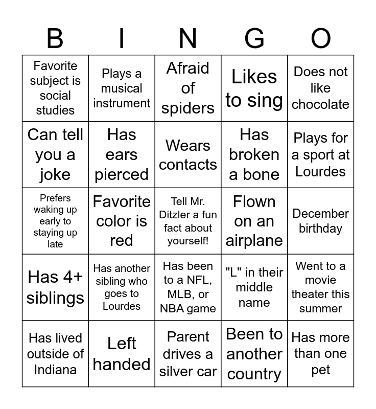 Classmate Bingo Card