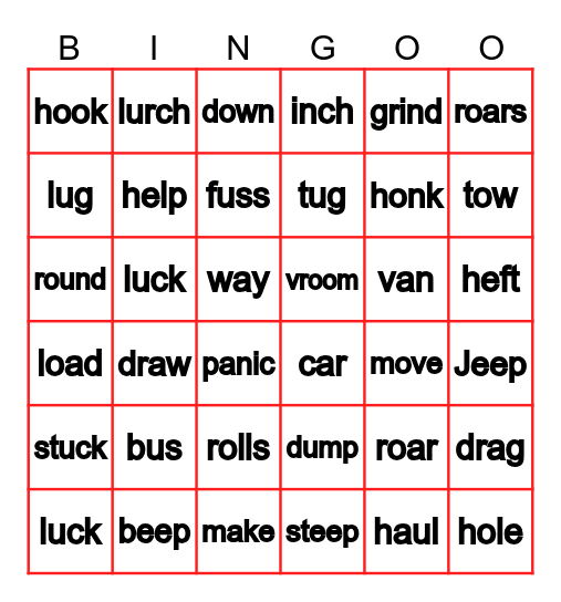 My Truck is Stuck! Bingo Card