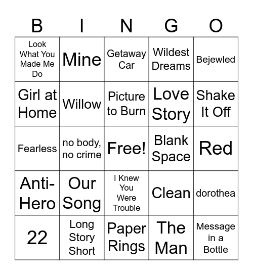 Taylor Swift Bingo Card