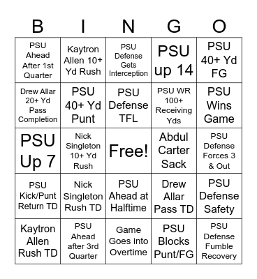 Penn State Football Bingo Card