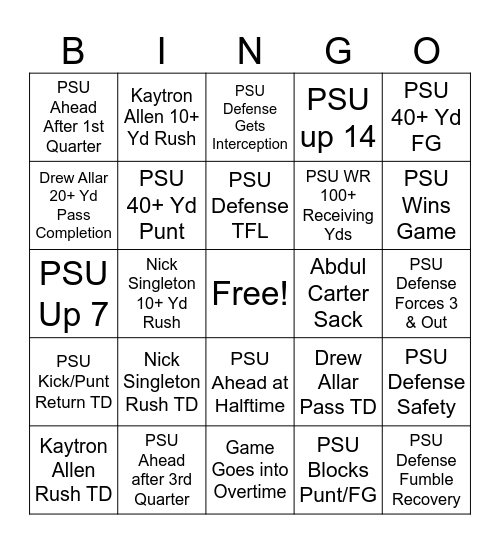 Penn State Football Bingo Card