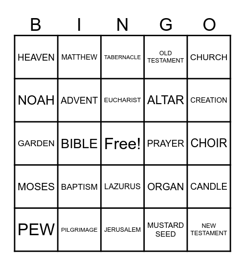 Youth Group Bingo Card