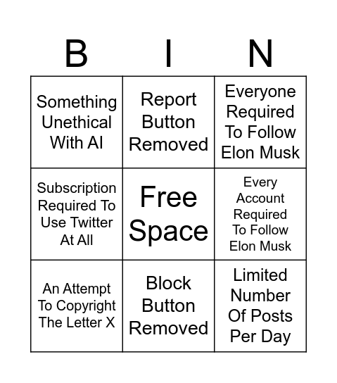 Bad Elon Musk Twitter Decisions Bingo Card
