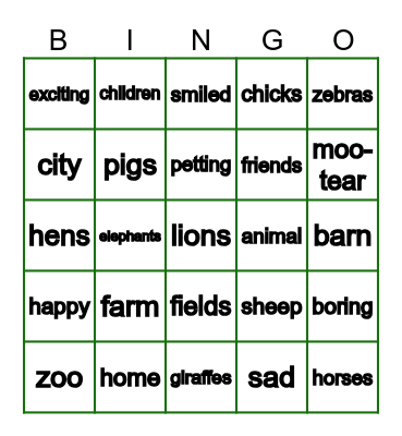 Miss Moo Goes to the Zoo Bingo Card