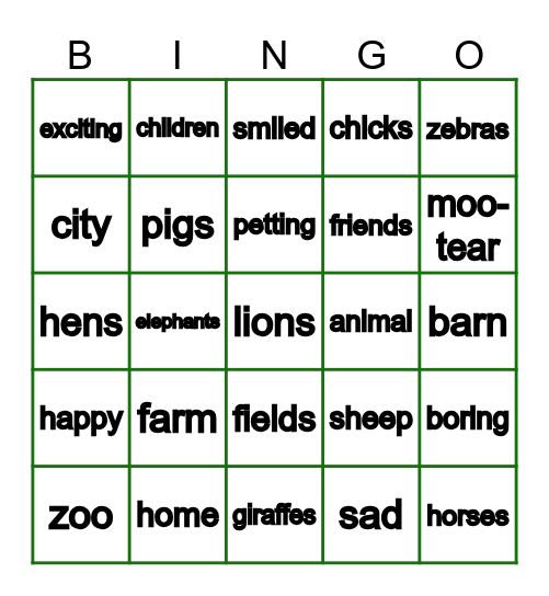 Miss Moo Goes to the Zoo Bingo Card