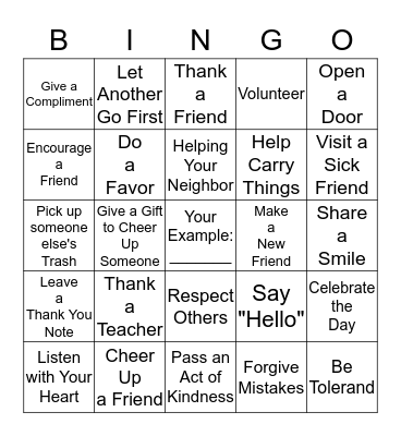Random Acts of Kindness Bingo Card