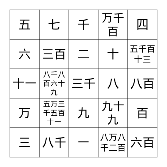 Number Kanji ビンゴ Bingo Card