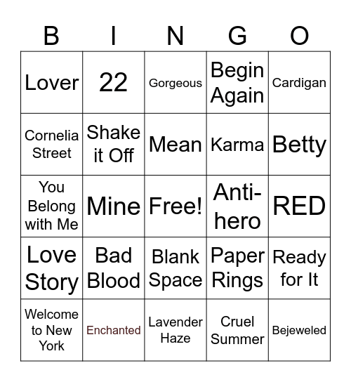 Taylor Swift BINGO Card