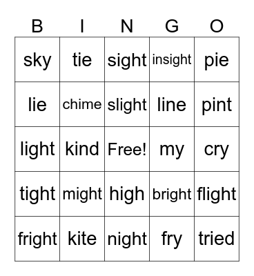 Long I Bingo Card