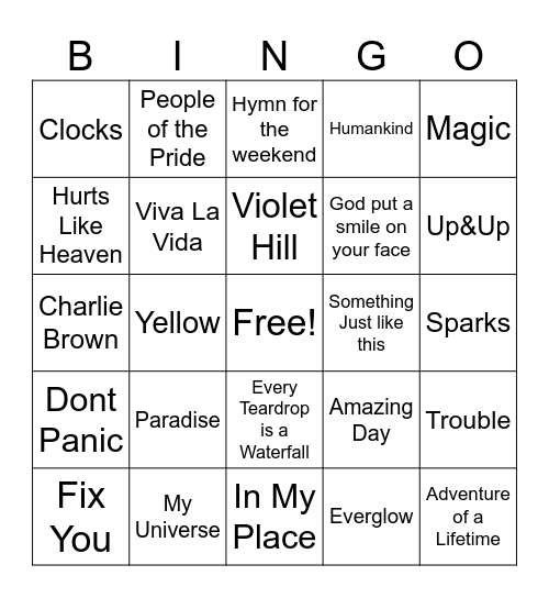 Coldplay Bingo Card