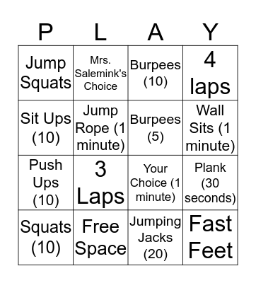 Fitness Bingo Card
