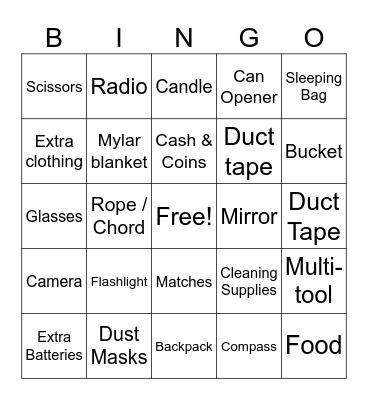 Emergency Kit Bingo Card