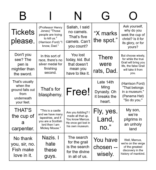 The Last Crusade Bingo Card