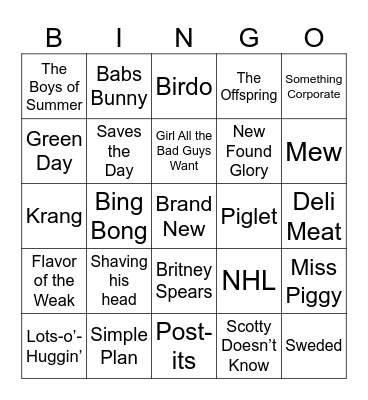 Pink, BFFs, & Pop-Punk/Emo Bingo Card