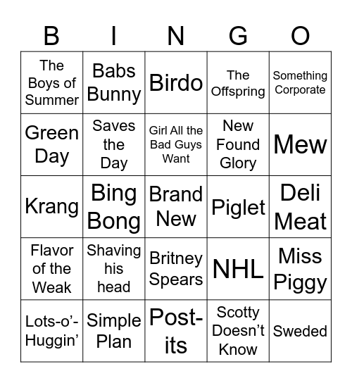 Pink, BFFs, & Pop-Punk/Emo Bingo Card