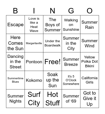 Summer Songs Bingo Card
