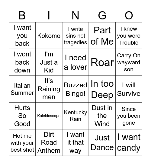 Songs or Artists I,J or K Bingo Card