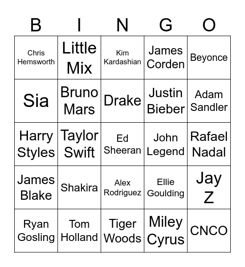 Celebrities! Bingo Card