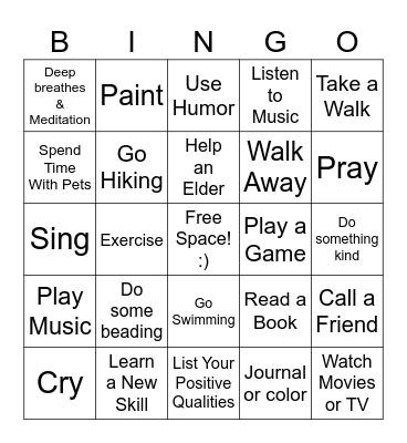 Positive Coping Skills Bingo Card