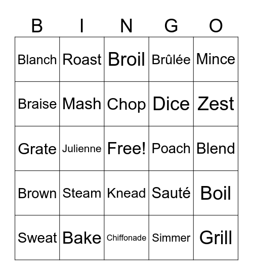 Cooking Methods Bingo Card