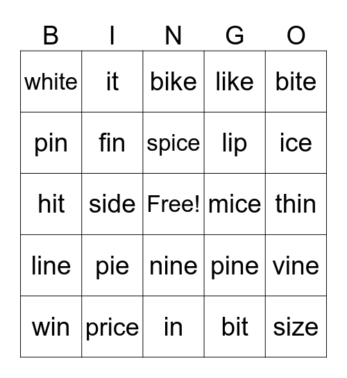 Long & Short i sounds Bingo Card
