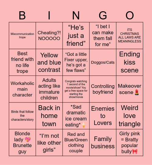 Stereotypical Romance Movie Checklist Bingo Card