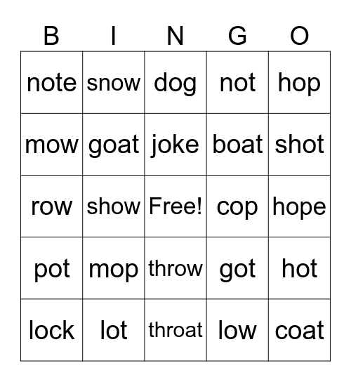 Long & Short Sounds: o Bingo Card