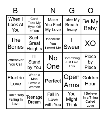 Love Songs Bingo Card