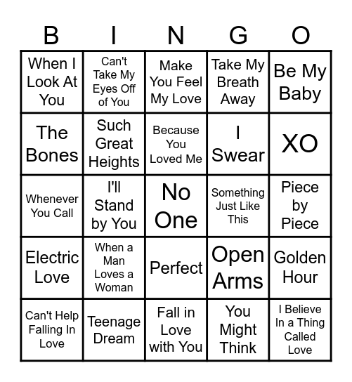 Love Songs Bingo Card