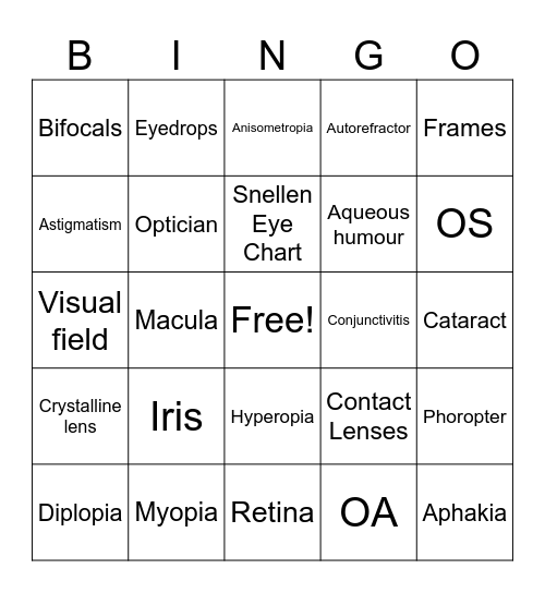 Optometry Bingo Card