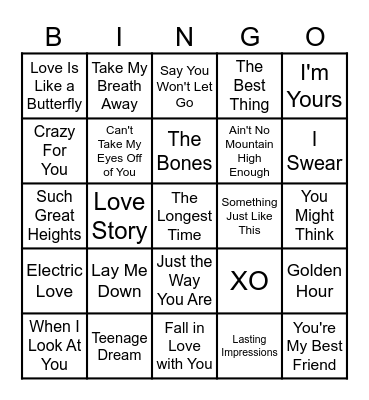 Love Songs Bingo Card