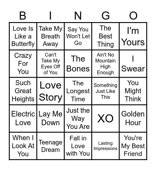 Love Songs Bingo Card