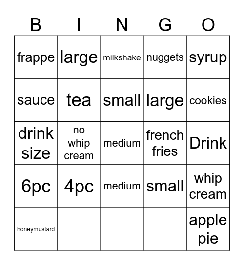 Mc donalds order Bingo Card