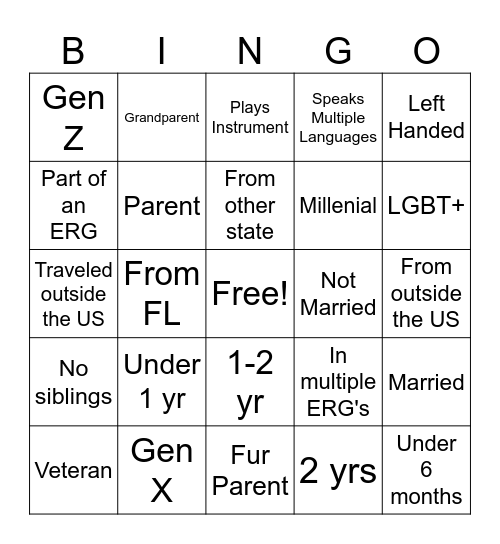 Diversity Bingo Card