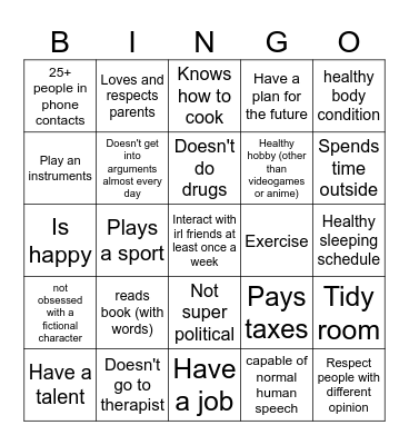 Normal Human Bingo Card