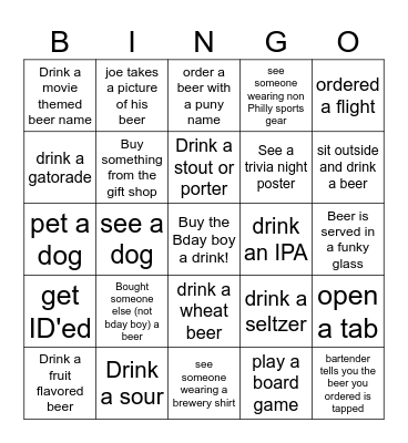 Joe's Birthday Brewery Bar Crawl Bingo Card