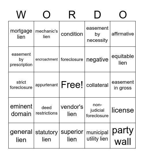 Encumbranes & Liens Bingo Card